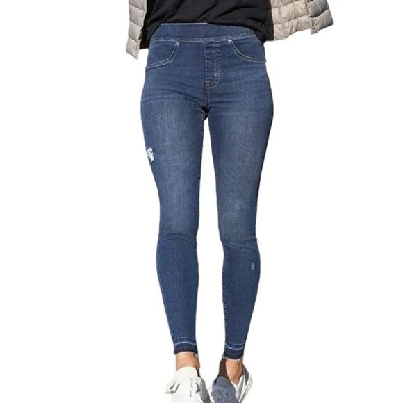 Spanx Distressed Ankle Skinny Jeans Legging Blue Medium Wash Pull On Size XS - Picture 1 of 12